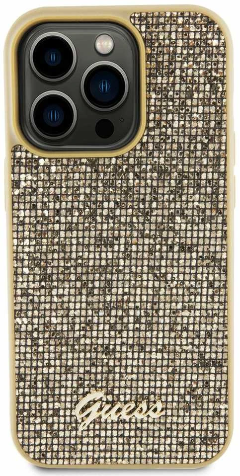 Guess GUHCP15LPMSDGSD Apple iPhone 15 Pro 6.1″ auksinis kietas dėklas Disco Metal Script