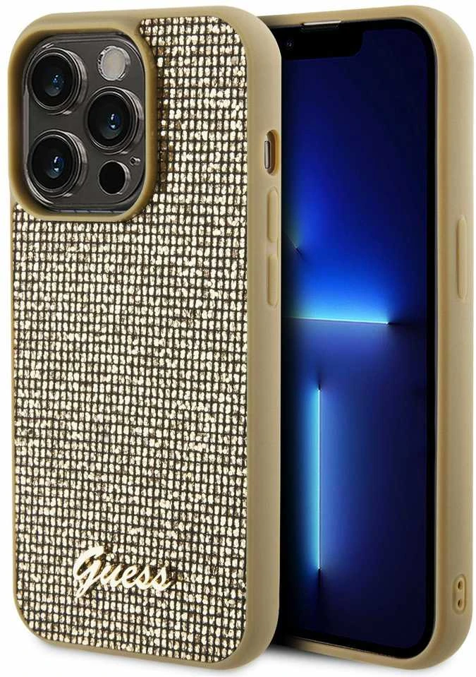Guess GUHCP15LPMSDGSD Apple iPhone 15 Pro 6.1″ auksinis kietas dėklas Disco Metal Script