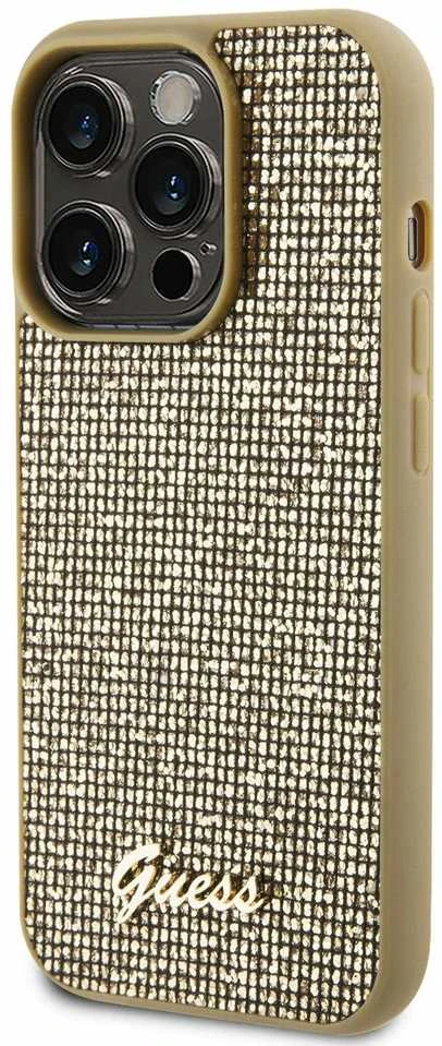 Guess GUHCP15LPMSDGSD Apple iPhone 15 Pro 6.1″ auksinis kietas dėklas Disco Metal Script