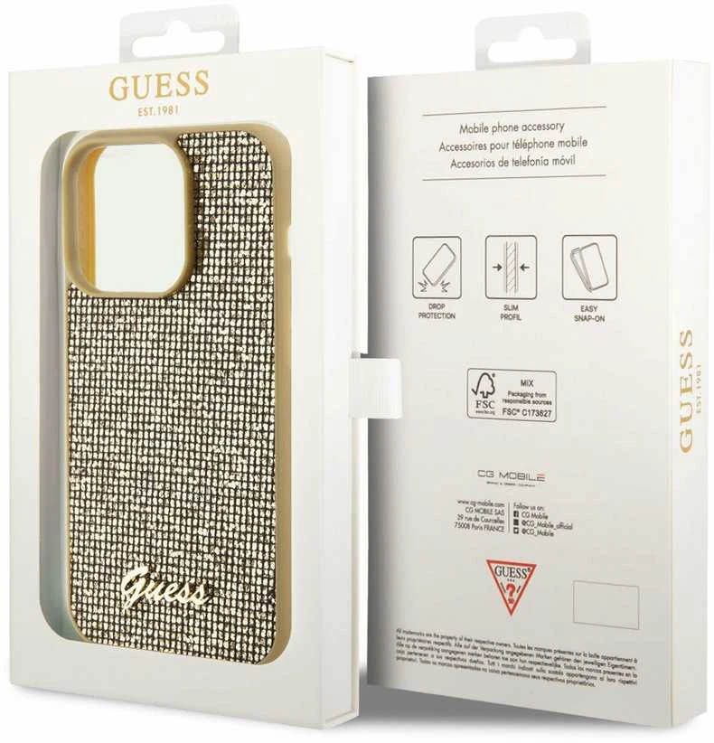 Guess GUHCP15LPMSDGSD Apple iPhone 15 Pro 6.1″ auksinis kietas dėklas Disco Metal Script