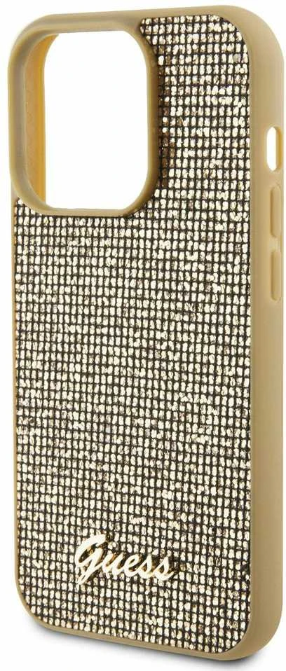 Guess GUHCP15LPMSDGSD Apple iPhone 15 Pro 6.1″ auksinis kietas dėklas Disco Metal Script