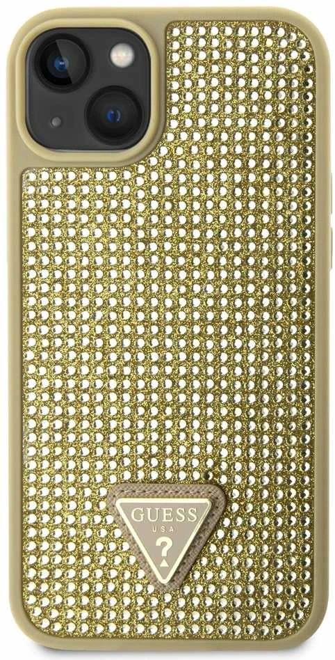 Guess GUHCP14SHDGTPD Apple iPhone 14 / 15 / 13 6.1″ auksinis kietas dėklas Rhinestone Triangle