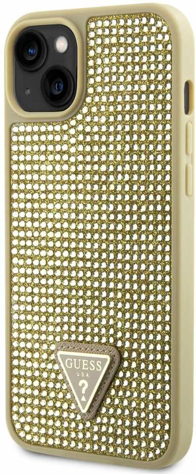 Guess GUHCP14SHDGTPD Apple iPhone 14 / 15 / 13 6.1″ auksinis kietas dėklas Rhinestone Triangle