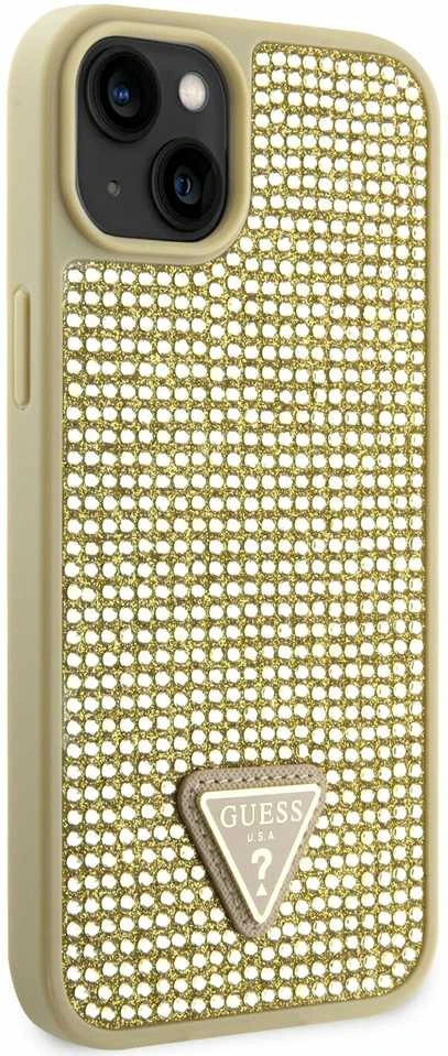 Guess GUHCP14SHDGTPD Apple iPhone 14 / 15 / 13 6.1″ auksinis kietas dėklas Rhinestone Triangle