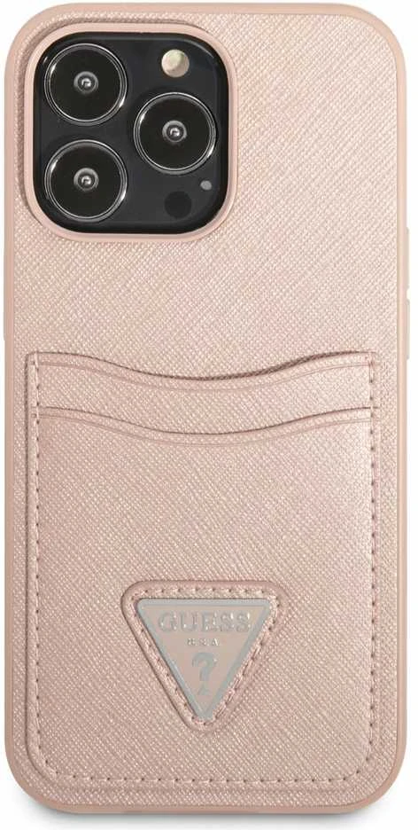 Dėklas GUESS GUHCP13LSATPPPPP 13 PRO / 13 6.1 "Rožinis / Rožinis HARDCASE SAFFIANOTRIANGLE CARDSLOT LOGO