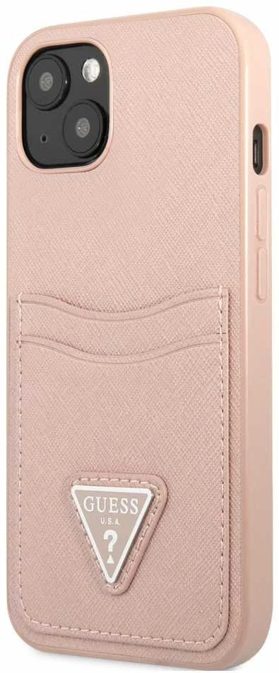 Guess GUHCP13SPSATPP Apple iPhone 13 mini 5,4″ rožinės spalvos kietas dėklas SaffianoTriangle Logo Cardslot