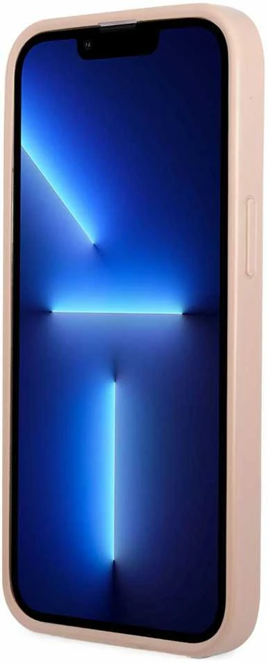 Guess GUHCP13SPSATPP Apple iPhone 13 mini 5,4″ rožinės spalvos kietas dėklas SaffianoTriangle Logo Cardslot