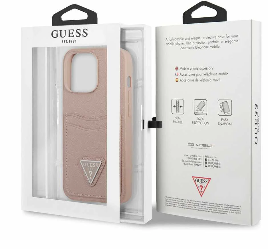 Dėklas GUESS GUHCP13LSATPPPPP 13 PRO / 13 6.1 "Rožinis / Rožinis HARDCASE SAFFIANOTRIANGLE CARDSLOT LOGO