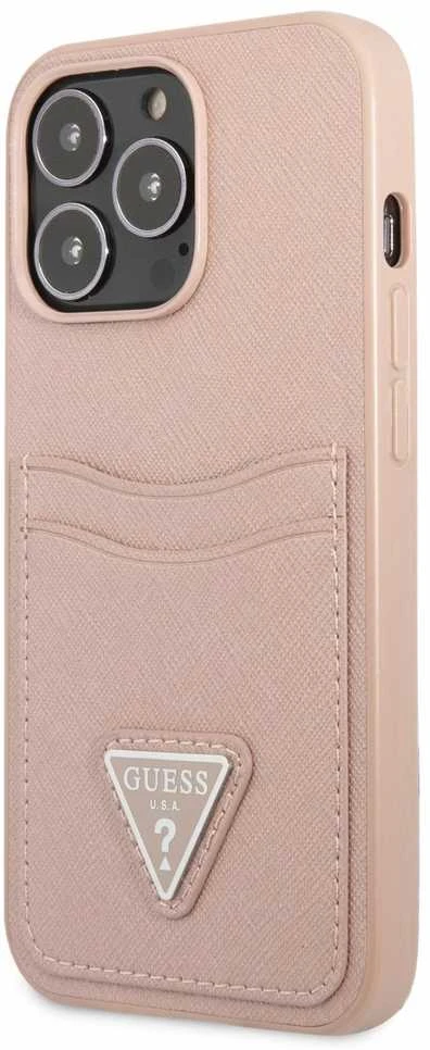 Dėklas GUESS GUHCP13LSATPPPPP 13 PRO / 13 6.1 "Rožinis / Rožinis HARDCASE SAFFIANOTRIANGLE CARDSLOT LOGO
