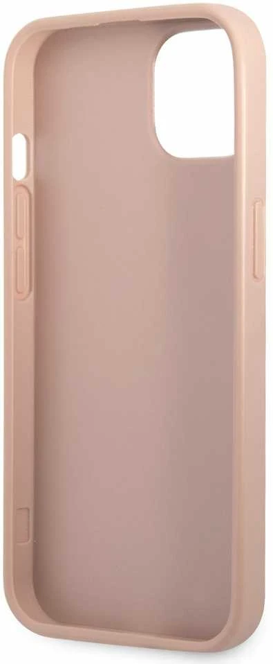 Guess GUHCP13SPSATPP Apple iPhone 13 mini 5,4″ rožinės spalvos kietas dėklas SaffianoTriangle Logo Cardslot