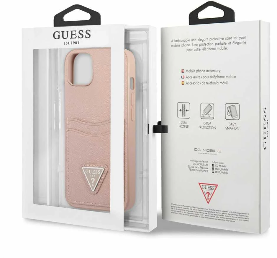 Guess GUHCP13SPSATPP Apple iPhone 13 mini 5,4″ rožinės spalvos kietas dėklas SaffianoTriangle Logo Cardslot