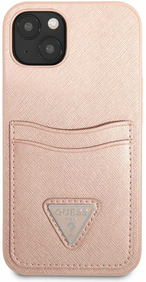 Guess GUHCP13SPSATPP Apple iPhone 13 mini 5,4″ rožinės spalvos kietas dėklas SaffianoTriangle Logo Cardslot