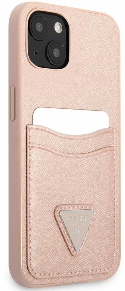 Guess GUHCP13SPSATPP Apple iPhone 13 mini 5,4″ rožinės spalvos kietas dėklas SaffianoTriangle Logo Cardslot