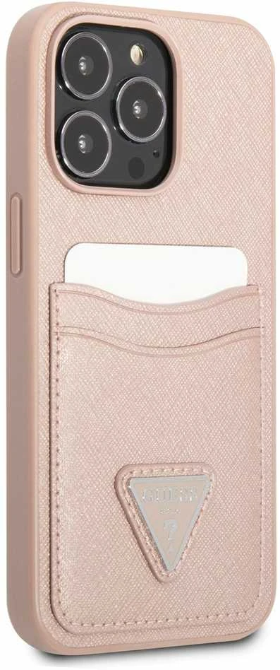 Dėklas GUESS GUHCP13LSATPPPPP 13 PRO / 13 6.1 "Rožinis / Rožinis HARDCASE SAFFIANOTRIANGLE CARDSLOT LOGO