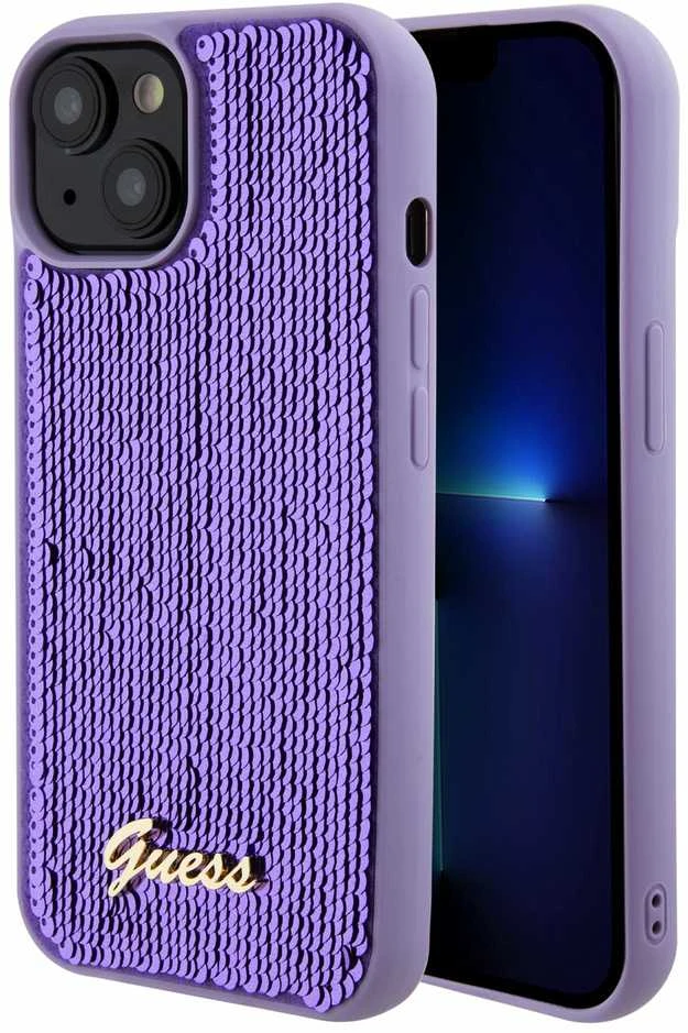Dėklas GUESS GUHCP15SPSFDGS IPHONE 2013-15-14 6.1 "PURPURINĖ / PURPURINĖ KIETOJI DĖLĖS SEQUIN SCRIPT METAL