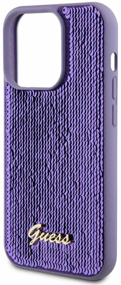 Guess GUHCP14XPSFDGSU Apple iPhone 14 Pro Max 6.7″ violetinės spalvos kietas dėklas Sequin Script Metal