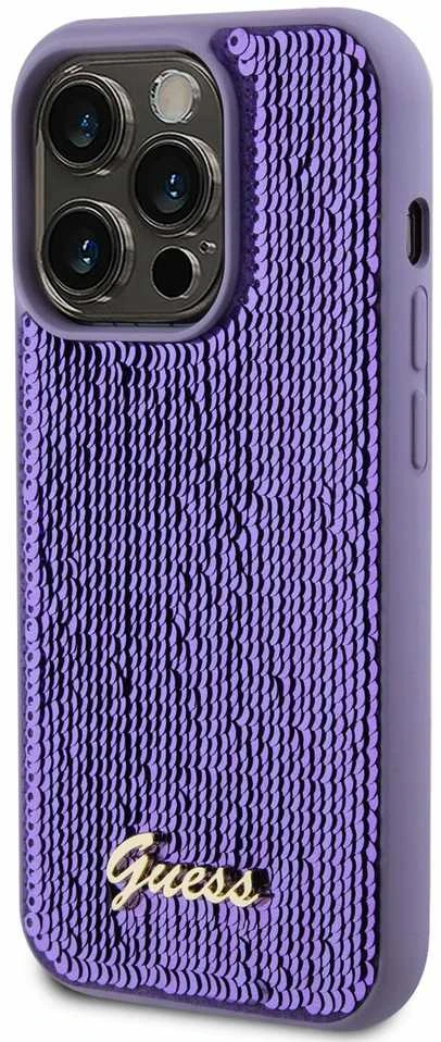 Guess GUHCP14XPSFDGSU Apple iPhone 14 Pro Max 6.7″ violetinės spalvos kietas dėklas Sequin Script Metal