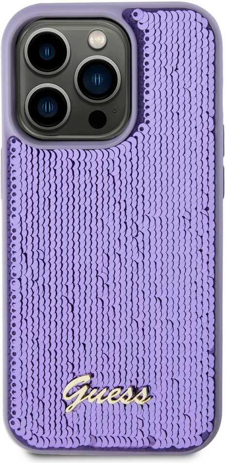 Dėklas GUESS GUHCP15XPSFDGS IPHONE 15 PRO MAX 6,7 col. PURPURINE/PURPURINĖ KIETOS DĖLĖS Sequin SCRIPT METAL