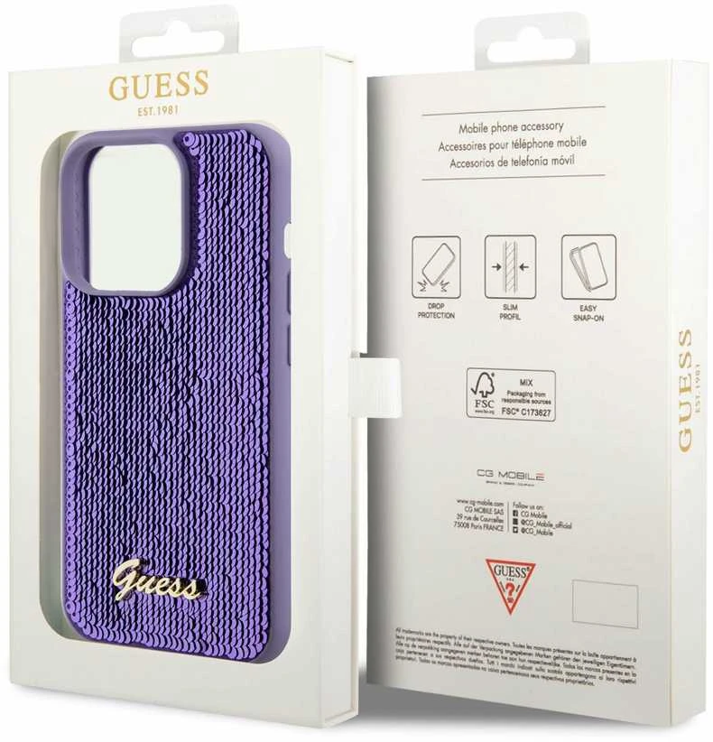 Guess GUHCP14XPSFDGSU Apple iPhone 14 Pro Max 6.7″ violetinės spalvos kietas dėklas Sequin Script Metal