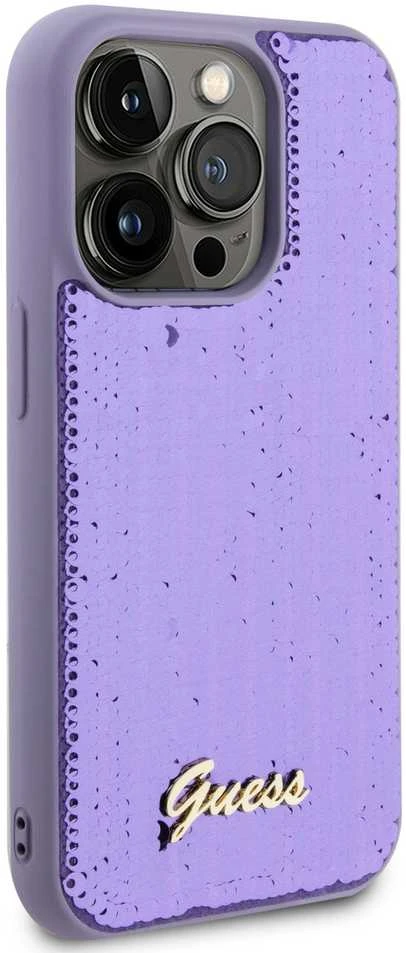 Dėklas GUESS GUHCP15XPSFDGS IPHONE 15 PRO MAX 6,7 col. PURPURINE/PURPURINĖ KIETOS DĖLĖS Sequin SCRIPT METAL