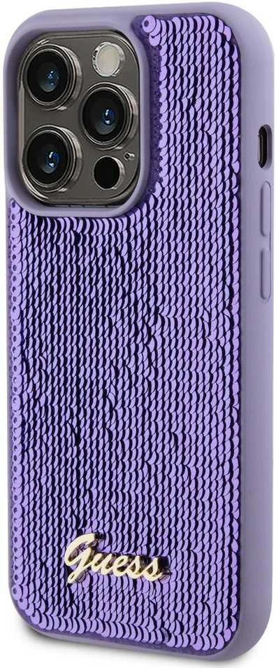 Dėklas GUESS GUHCP15XPSFDGS IPHONE 15 PRO MAX 6,7 col. PURPURINE/PURPURINĖ KIETOS DĖLĖS Sequin SCRIPT METAL
