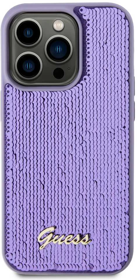 Guess GUHCP14LPSFDGSU Apple iPhone 14 Pro 6.1″ violetinės spalvos kietas dėklas Sequin Script Metal
