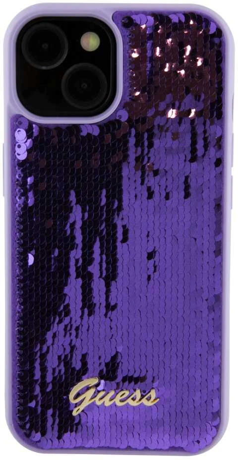 Dėklas GUESS GUHCP15SPSFDGS IPHONE 2013-15-14 6.1 "PURPURINĖ / PURPURINĖ KIETOJI DĖLĖS SEQUIN SCRIPT METAL