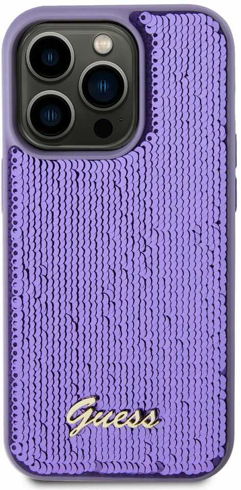 Guess GUHCP14XPSFDGSU Apple iPhone 14 Pro Max 6.7″ violetinės spalvos kietas dėklas Sequin Script Metal