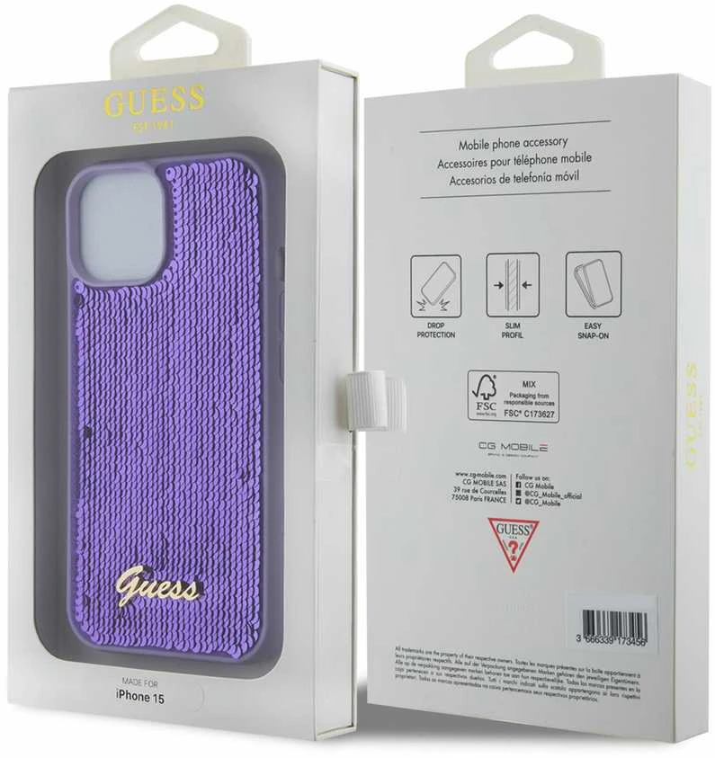 Dėklas GUESS GUHCP15SPSFDGS IPHONE 2013-15-14 6.1 "PURPURINĖ / PURPURINĖ KIETOJI DĖLĖS SEQUIN SCRIPT METAL