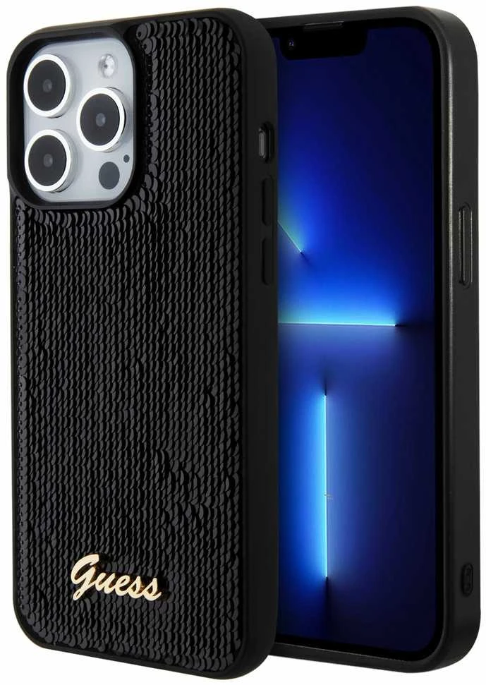 Dėklas GUESS GUHCP15LPSFDGSK IPHONE 15 PRO 6.1 "Juodas/Juodas HARDCASE SEQUIN SCRIPT METAL