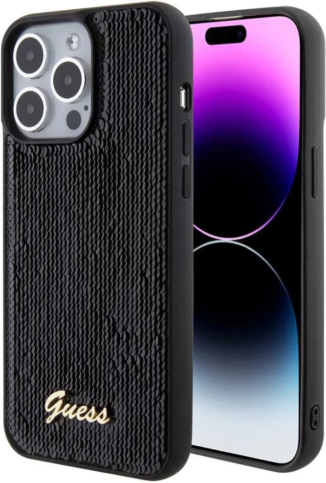 Dėklas GUESS GUHCP15XPSFDGSK IPHONE 15 PRO MAX 6.7 "Juodas/Juodas HARDCASE SEQUIN SCRIPT METAL