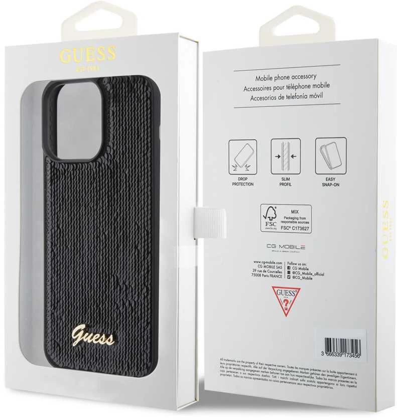 Dėklas GUESS GUHCP15XPSFDGSK IPHONE 15 PRO MAX 6.7 "Juodas/Juodas HARDCASE SEQUIN SCRIPT METAL
