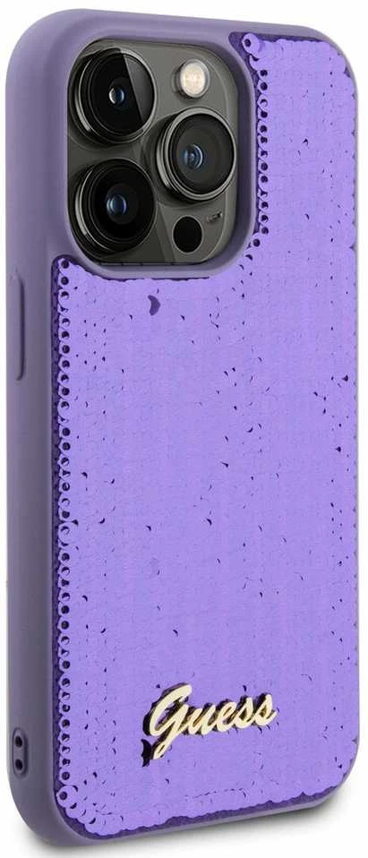 Guess GUHCP14XPSFDGSU Apple iPhone 14 Pro Max 6.7″ violetinės spalvos kietas dėklas Sequin Script Metal