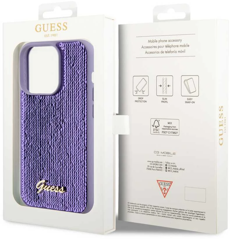 Dėklas GUESS GUHCP15XPSFDGS IPHONE 15 PRO MAX 6,7 col. PURPURINE/PURPURINĖ KIETOS DĖLĖS Sequin SCRIPT METAL