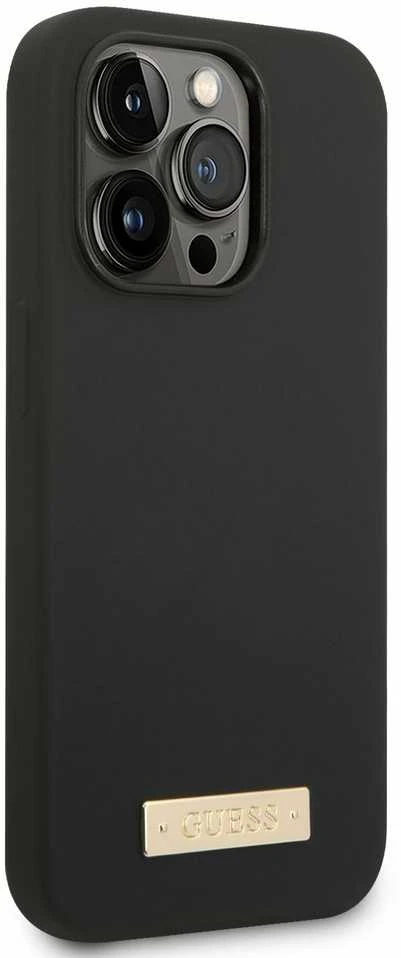 Guess GUHMP14XSBPLK Apple iPhone 14 Pro Max 6,7″ juodos spalvos kietas dėklas Silicone Logo Plate MagSafe