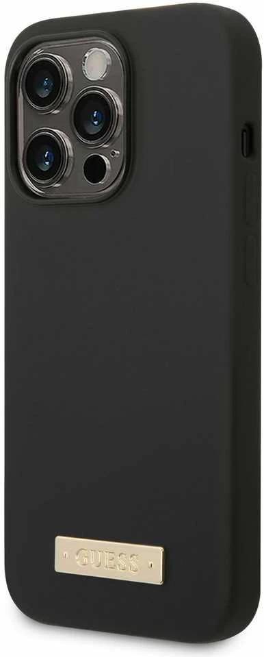 Guess GUHMP14XSBPLK Apple iPhone 14 Pro Max 6,7″ juodos spalvos kietas dėklas Silicone Logo Plate MagSafe