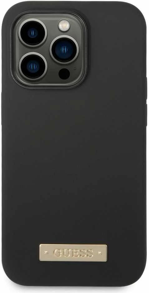 Guess GUHMP14XSBPLK Apple iPhone 14 Pro Max 6,7″ juodos spalvos kietas dėklas Silicone Logo Plate MagSafe