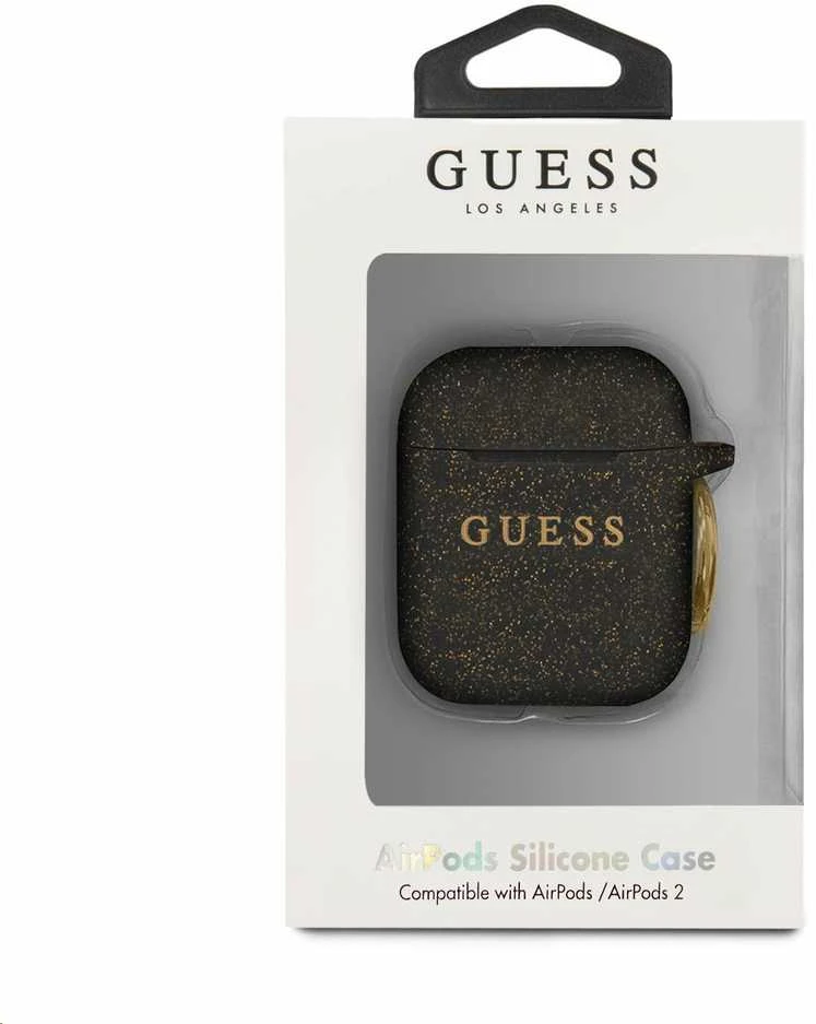 Guess GUACCSILGLBK AirPods dėklas juodos spalvos silikoninis Glitter