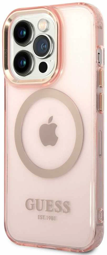 Guess GUHMP14LHTCMP Apple iPhone 14 Pro6,1″ rožinės spalvos kietas dėklas Gold Outline Translucent MagSafe