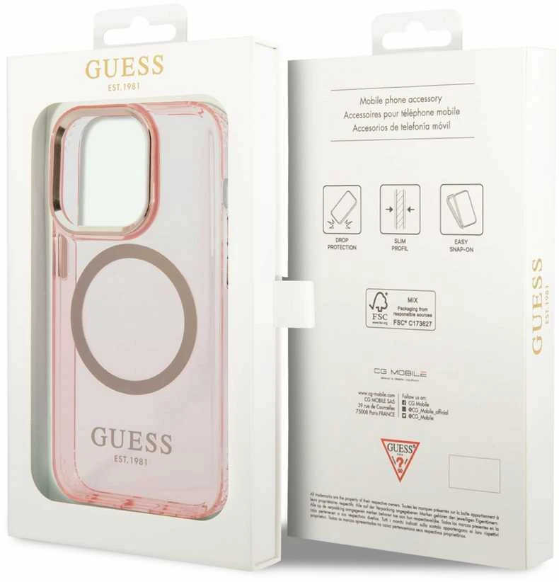 Guess GUHMP14LHTCMP Apple iPhone 14 Pro6,1″ rožinės spalvos kietas dėklas Gold Outline Translucent MagSafe