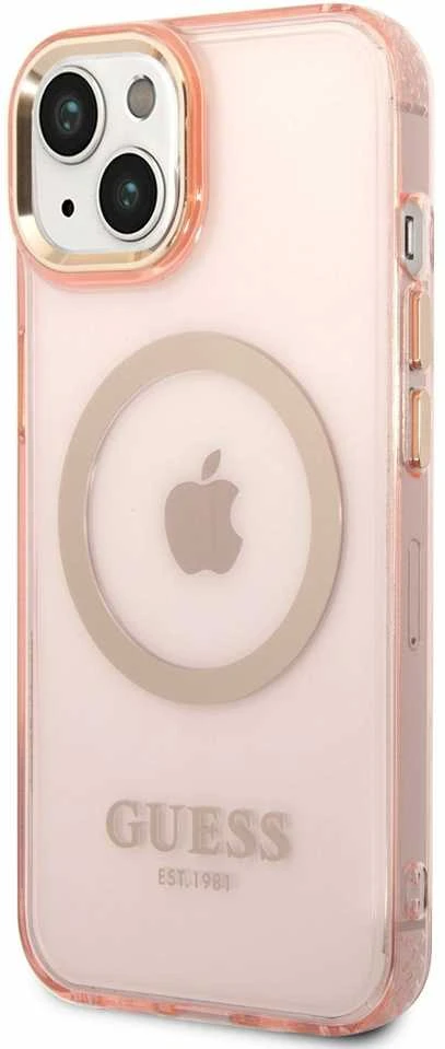 Guess GUHMP14SHTCMP Apple iPhone 14 / 15 / 136,1″ rožinės spalvos kietas dėklas Gold Outline Translucent MagSafe