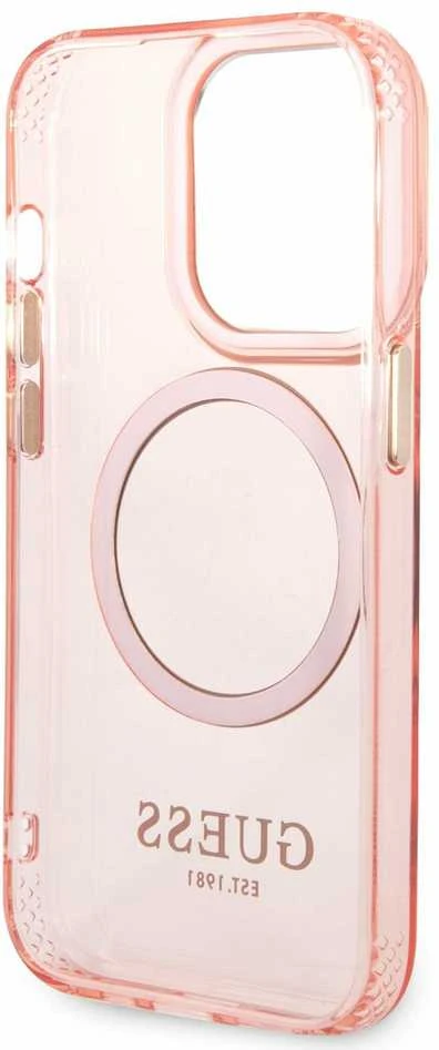 Guess GUHMP14XHTCMP Apple iPhone 14 Pro Max 6,7″ rožinės spalvos kietas dėklas Gold Outline Translucent MagSafe