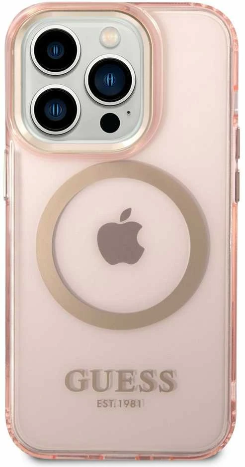 Guess GUHMP14XHTCMP Apple iPhone 14 Pro Max 6,7″ rožinės spalvos kietas dėklas Gold Outline Translucent MagSafe