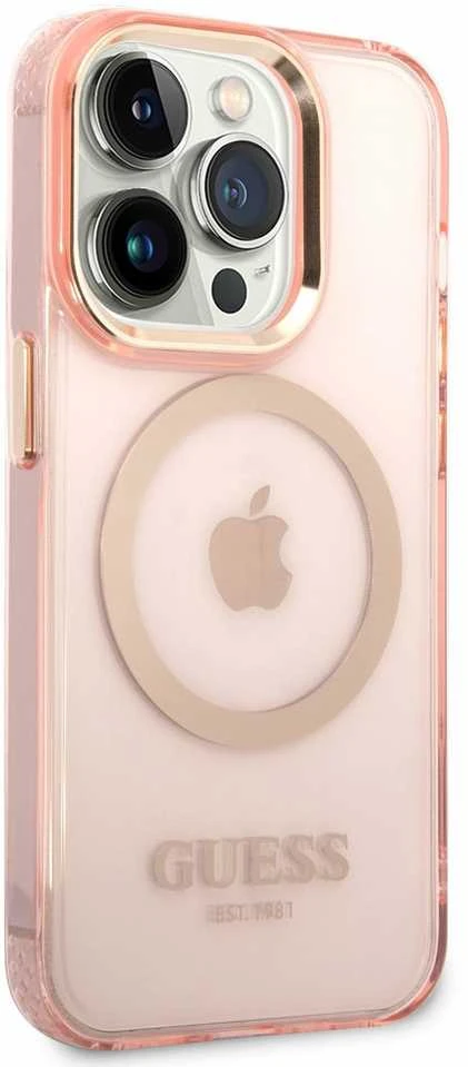 Guess GUHMP14XHTCMP Apple iPhone 14 Pro Max 6,7″ rožinės spalvos kietas dėklas Gold Outline Translucent MagSafe
