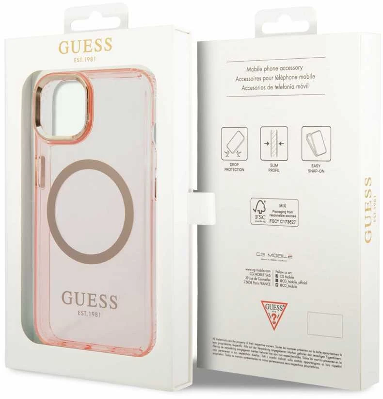 Guess GUHMP14SHTCMP Apple iPhone 14 / 15 / 136,1″ rožinės spalvos kietas dėklas Gold Outline Translucent MagSafe