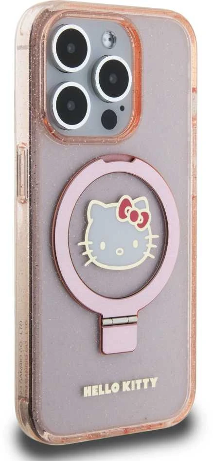 Apple iPhone 15 Pro Max Hello Kitty dėklas Ring Stand Glitter Electrop Logo MagSafe (HKHMP15XHRSGEP) rožinės spalvos