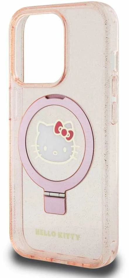 Apple iPhone 15 Pro Max Hello Kitty dėklas Ring Stand Glitter Electrop Logo MagSafe (HKHMP15XHRSGEP) rožinės spalvos