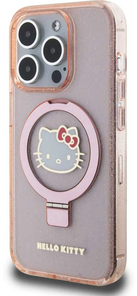 Apple iPhone 15 Pro Max Hello Kitty dėklas Ring Stand Glitter Electrop Logo MagSafe (HKHMP15XHRSGEP) rožinės spalvos