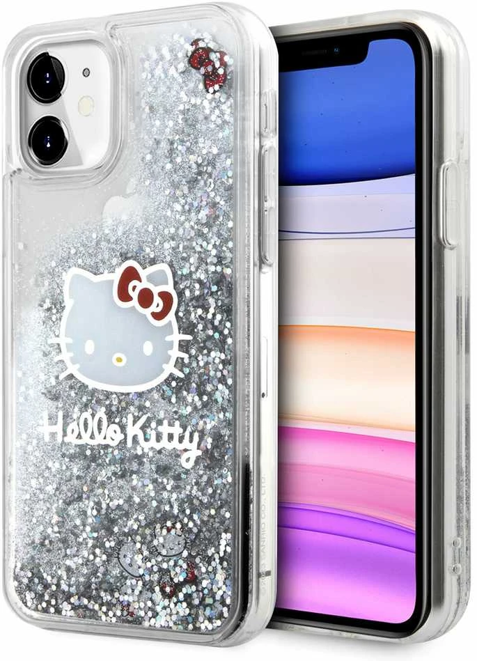 Hello Kitty HKHCN61LIKHET Apple iPhone 11 / Xr 6.1″ sidabrinis kietas dėklas Liquid Glitter Charms Kitty Hea