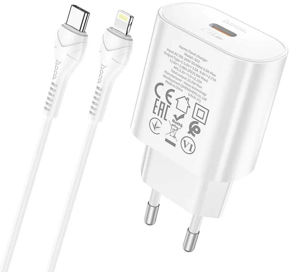Įkroviklis Hoco N22 25W USB-C + USB-C to Lightning cable 1.0m baltas